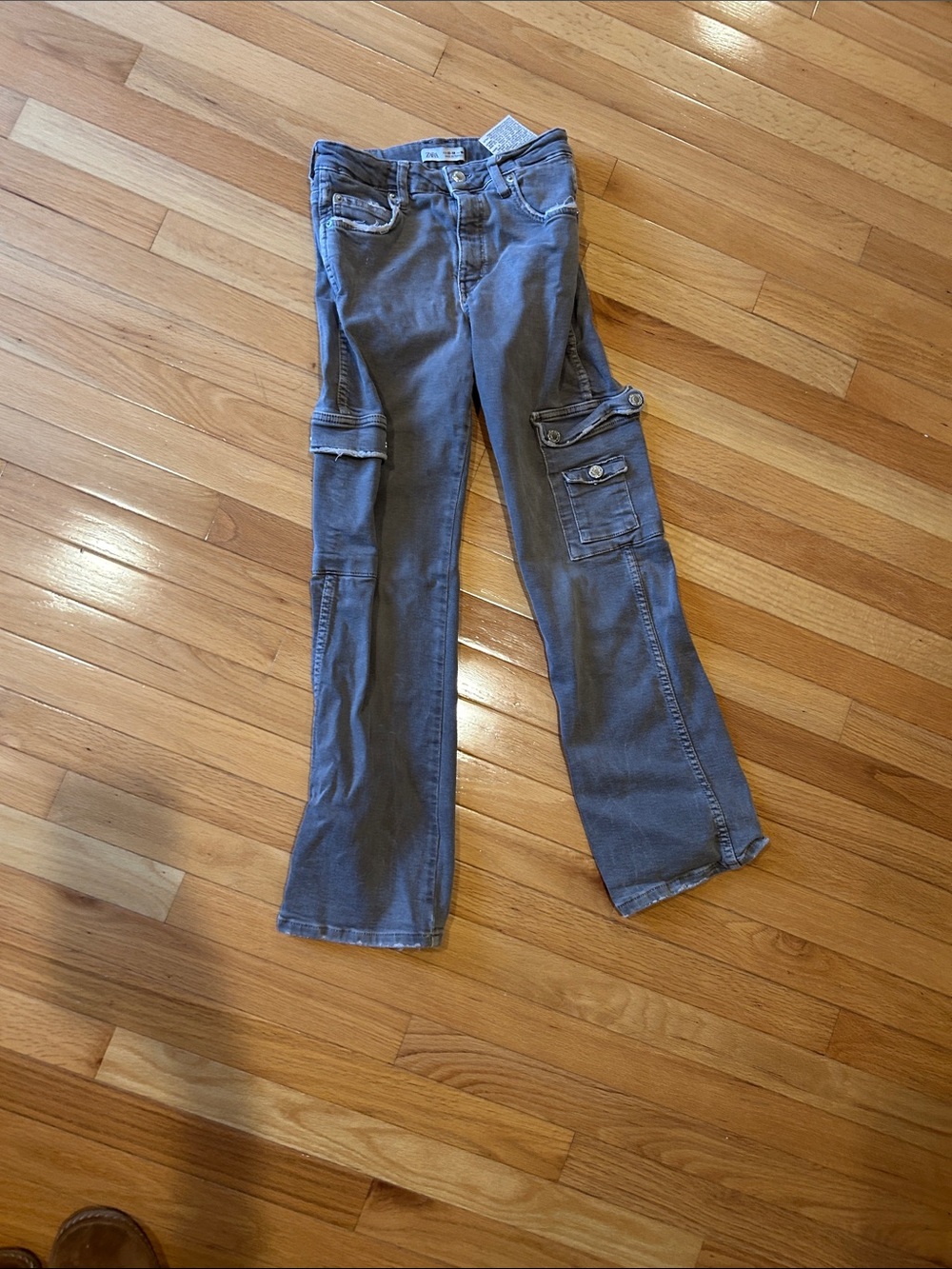 Zara Gray Cargo Flare Jeans with Side Pockets